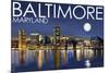 Baltimore, Maryland - Skyline at Night-Lantern Press-Mounted Premium Giclee Print