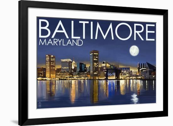 Baltimore, Maryland - Skyline at Night-Lantern Press-Framed Art Print