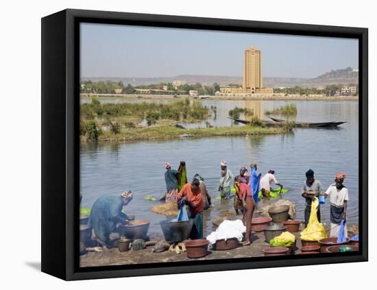 Bamako, Dyeing and Rinsing Cotton Cloth on the Bank of the Niger River Near Bamako, Mali-Nigel Pavitt-Framed Stretched Canvas