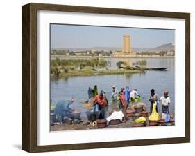 Bamako, Dyeing and Rinsing Cotton Cloth on the Bank of the Niger River Near Bamako, Mali-Nigel Pavitt-Framed Photographic Print