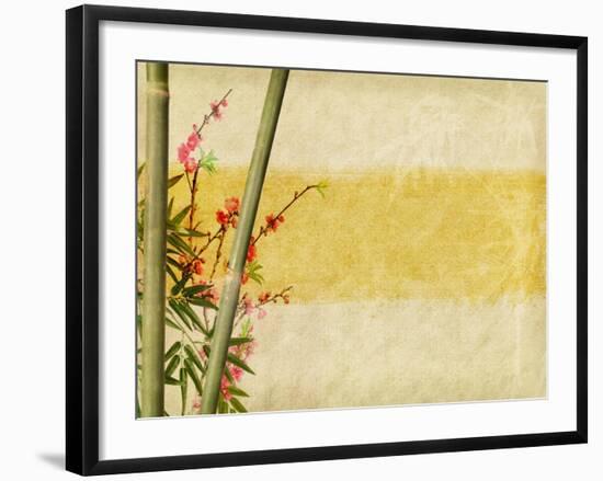 Bamboo And Plum Blossom On Old Antique Paper Texture-kenny001-Framed Art Print