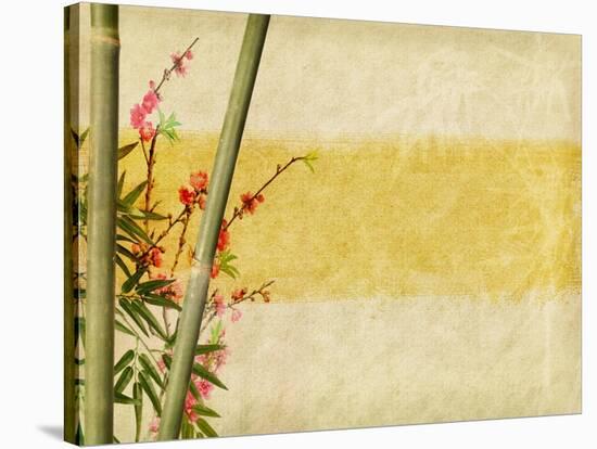 Bamboo And Plum Blossom On Old Antique Paper Texture-kenny001-Stretched Canvas