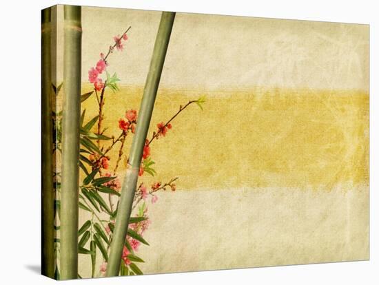 Bamboo And Plum Blossom On Old Antique Paper Texture-kenny001-Stretched Canvas