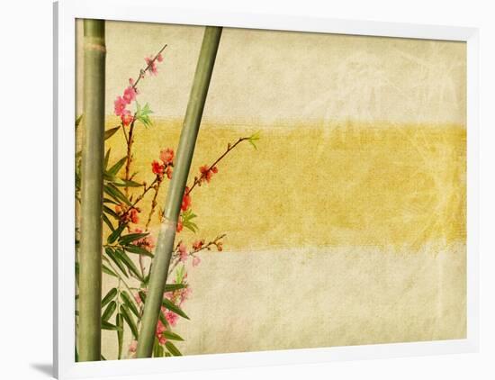 Bamboo And Plum Blossom On Old Antique Paper Texture-kenny001-Framed Art Print