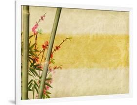 Bamboo And Plum Blossom On Old Antique Paper Texture-kenny001-Framed Art Print