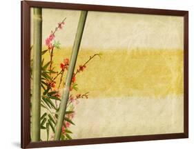 Bamboo And Plum Blossom On Old Antique Paper Texture-kenny001-Framed Art Print