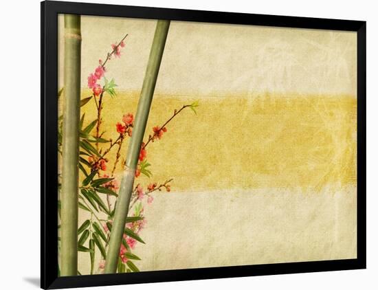 Bamboo And Plum Blossom On Old Antique Paper Texture-kenny001-Framed Art Print