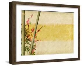 Bamboo And Plum Blossom On Old Antique Paper Texture-kenny001-Framed Art Print