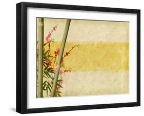 Bamboo And Plum Blossom On Old Antique Paper Texture-kenny001-Framed Art Print