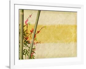 Bamboo And Plum Blossom On Old Antique Paper Texture-kenny001-Framed Art Print
