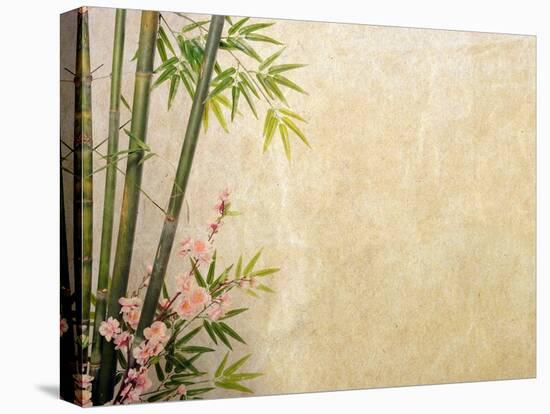 Bamboo and Plum Blossom on Old Antique Paper Texture-kenny001-Stretched Canvas