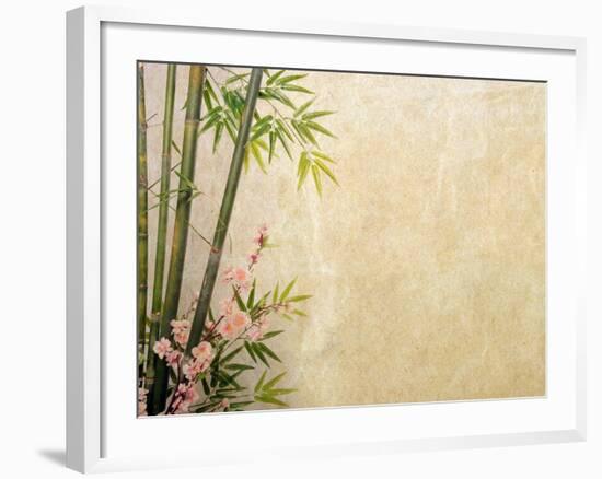 Bamboo and Plum Blossom on Old Antique Paper Texture-kenny001-Framed Art Print