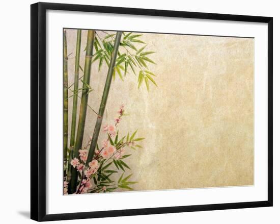 Bamboo and Plum Blossom on Old Antique Paper Texture-kenny001-Framed Art Print