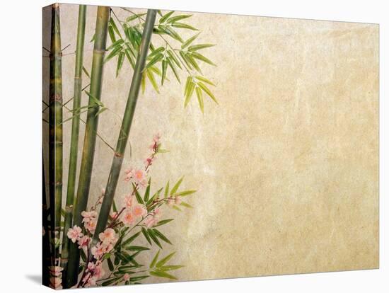 Bamboo and Plum Blossom on Old Antique Paper Texture-kenny001-Stretched Canvas