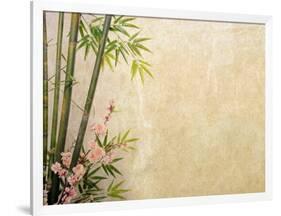 Bamboo and Plum Blossom on Old Antique Paper Texture-kenny001-Framed Art Print