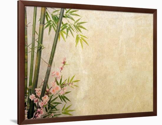 Bamboo and Plum Blossom on Old Antique Paper Texture-kenny001-Framed Art Print