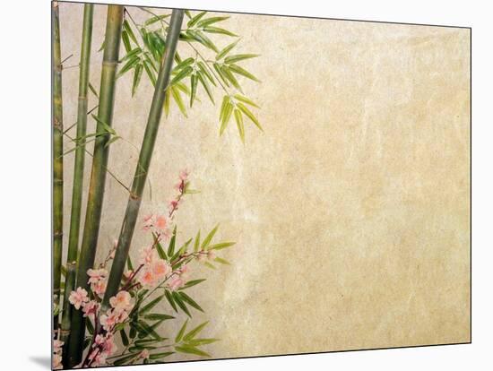 Bamboo and Plum Blossom on Old Antique Paper Texture-kenny001-Mounted Art Print