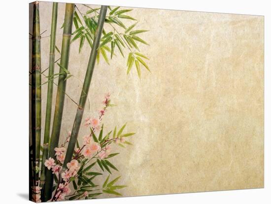 Bamboo and Plum Blossom on Old Antique Paper Texture-kenny001-Stretched Canvas