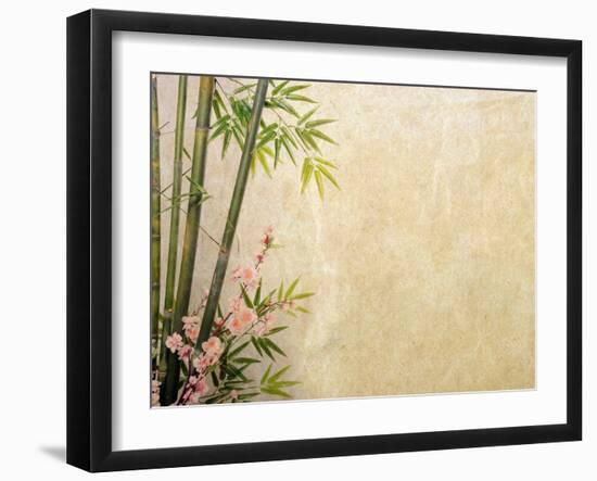 Bamboo and Plum Blossom on Old Antique Paper Texture-kenny001-Framed Art Print