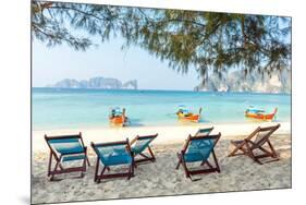 Bamboo Beach Chairs and Traditional Long-Tail Boats on Beautiful Bay of Koh Phi Phi Island Thailand-tupikov-Mounted Photographic Print