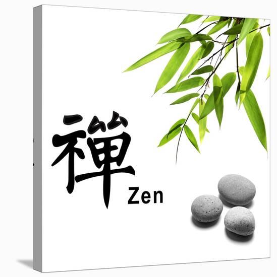 Bamboo Leafs and Zen Stones Isolated on White,The Chinese Word Means Zen.-Liang Zhang-Stretched Canvas
