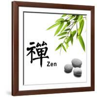 Bamboo Leafs and Zen Stones Isolated on White,The Chinese Word Means Zen.-Liang Zhang-Framed Photographic Print