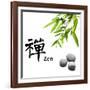 Bamboo Leafs and Zen Stones Isolated on White,The Chinese Word Means Zen.-Liang Zhang-Framed Photographic Print