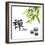 Bamboo Leafs and Zen Stones Isolated on White,The Chinese Word Means Zen.-Liang Zhang-Framed Photographic Print