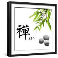 Bamboo Leafs and Zen Stones Isolated on White,The Chinese Word Means Zen.-Liang Zhang-Framed Photographic Print