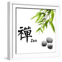 Bamboo Leafs and Zen Stones Isolated on White,The Chinese Word Means Zen.-Liang Zhang-Framed Photographic Print