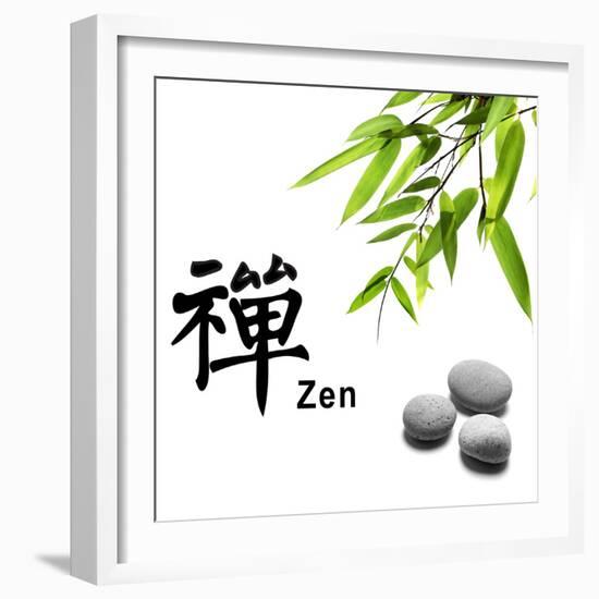 Bamboo Leafs and Zen Stones Isolated on White,The Chinese Word Means Zen.-Liang Zhang-Framed Photographic Print