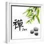 Bamboo Leafs and Zen Stones Isolated on White,The Chinese Word Means Zen.-Liang Zhang-Framed Photographic Print