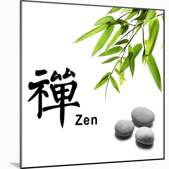 Bamboo Leafs and Zen Stones Isolated on White,The Chinese Word Means Zen.-Liang Zhang-Mounted Photographic Print