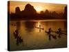 Bamboo Rafts on the Li River at Sunset, China-Keren Su-Stretched Canvas