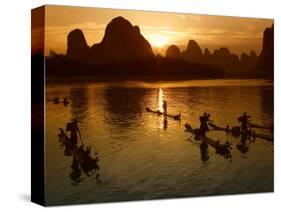 Bamboo Rafts on the Li River at Sunset, China-Keren Su-Stretched Canvas