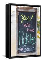 Bandera, Texas, USA. Chalkboard sign for pickles in the Texas Hill Country.-Emily Wilson-Framed Stretched Canvas