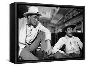 Bandido caballero by Richard Fleischer with Robert Mitchum and Gilbert Roland, 1956 (b/w photo)-null-Framed Stretched Canvas