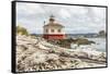 Bandon, Oregon, USA. Beach logs and the Coquille River Lighthouse on the Oregon coast.-Emily Wilson-Framed Stretched Canvas