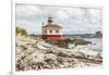 Bandon, Oregon, USA. Beach logs and the Coquille River Lighthouse on the Oregon coast.-Emily Wilson-Framed Photographic Print