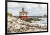 Bandon, Oregon, USA. Beach logs and the Coquille River Lighthouse on the Oregon coast.-Emily Wilson-Framed Photographic Print