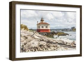 Bandon, Oregon, USA. Beach logs and the Coquille River Lighthouse on the Oregon coast.-Emily Wilson-Framed Photographic Print
