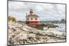 Bandon, Oregon, USA. Beach logs and the Coquille River Lighthouse on the Oregon coast.-Emily Wilson-Mounted Photographic Print