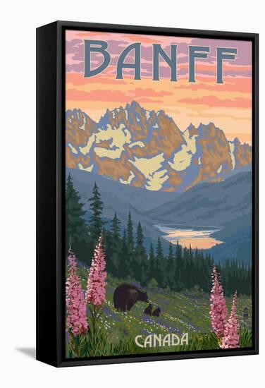 Banff, Canada - Bear and Spring Flowers-Lantern Press-Framed Stretched Canvas