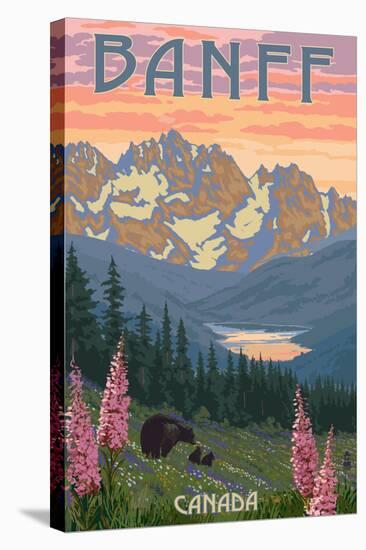 Banff, Canada - Bear and Spring Flowers-Lantern Press-Stretched Canvas