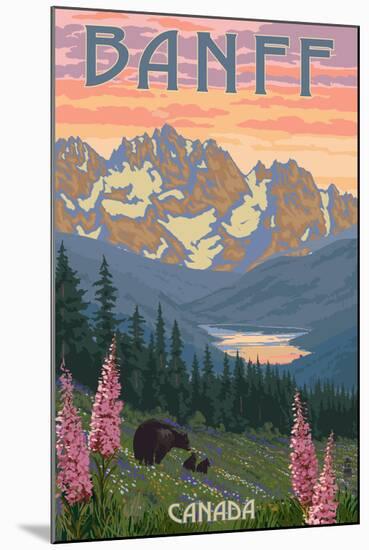 Banff, Canada - Bear and Spring Flowers-Lantern Press-Mounted Art Print