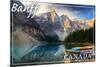 Banff, Canada - Moraine Lake Canoes-Lantern Press-Mounted Premium Giclee Print