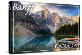 Banff, Canada - Moraine Lake Canoes-Lantern Press-Stretched Canvas