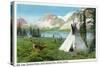 Banff National Park, Alberta, View of Bow Lake and Crowfoot Glacier, Doe and Teepee-Lantern Press-Stretched Canvas