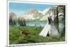 Banff National Park, Alberta, View of Bow Lake and Crowfoot Glacier, Doe and Teepee-Lantern Press-Mounted Art Print