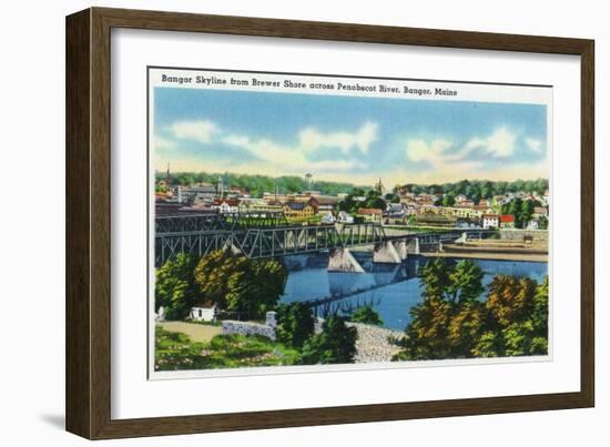 Bangor, Maine, Brewer Shore View of Bangor Skyline, Penobscot River-Lantern Press-Framed Art Print